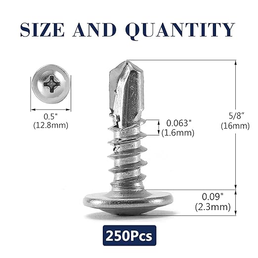 #10 x 5/8" Sheet Metal Screws 250PCS 410 Stainless Steel Truss Head Fast Self Tapping Screws by SG TZH