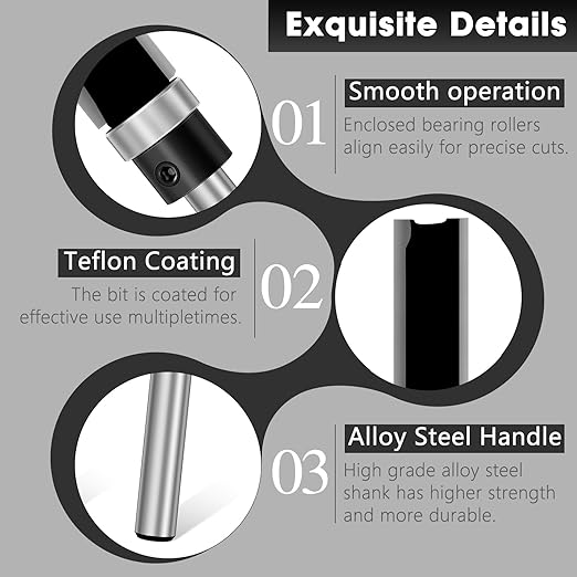 Feanron 4 Pcs Flush Trim Router Bit Set 1/4 Inch Shank, Carbide Tipped Straight Cut Pattern Router Bits Bottom Bearing, Sharp Double Blade Plunge Template Bit Woodworking Tools for Trimming (Black)