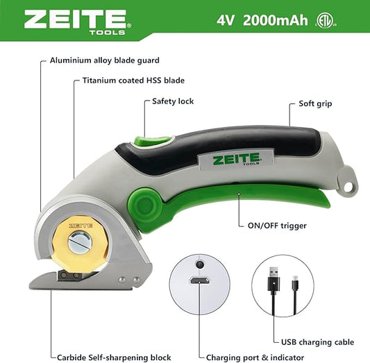 ZEITE 4V Cordless Scissors,Electric Cardboard Box Cutter with Titanium Coated HSS Blades,Ideal for Leather Carpet Fabric Cutting,Stocking Stuffers for Men Gifts Christmas,Storage Case