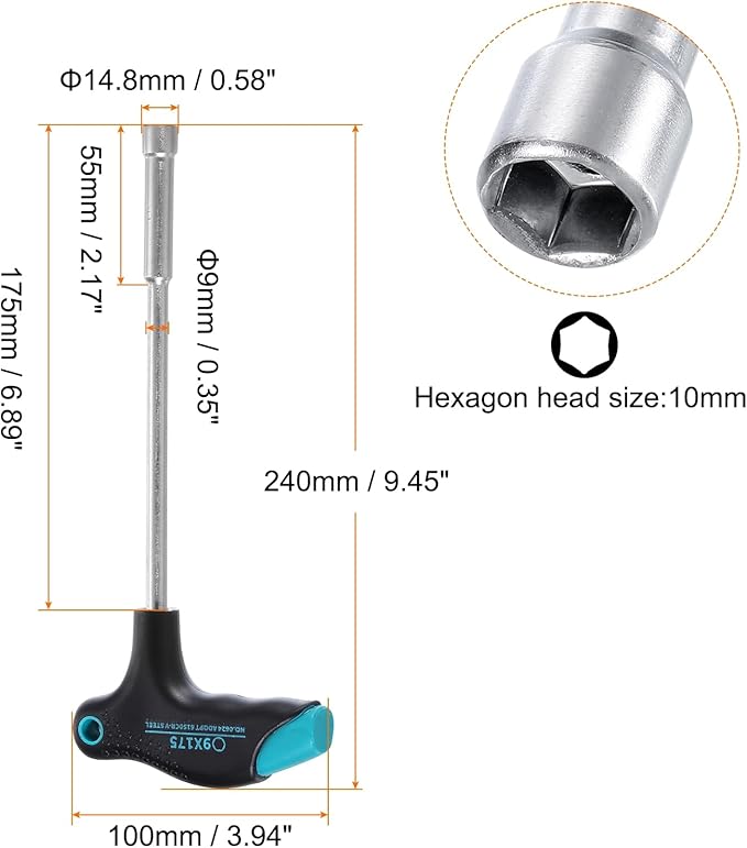 HARFINGTON T-Handle Metric Nut Driver 10mm Dia 175mm Shank 6 Point Hex Socket Screwdriver with Non-Slip Handle for Tightening and Loosening Fasteners