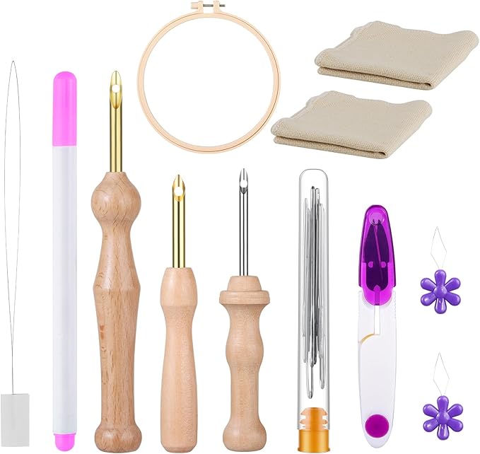 Punch Needle Tool with Embroidery Hoop and Punch Needle Cloth,Embroidery Punch Needle Set,Adjustable Punch Needle Kit for Adults Beginner,Hand Sewing Lover(Pink)