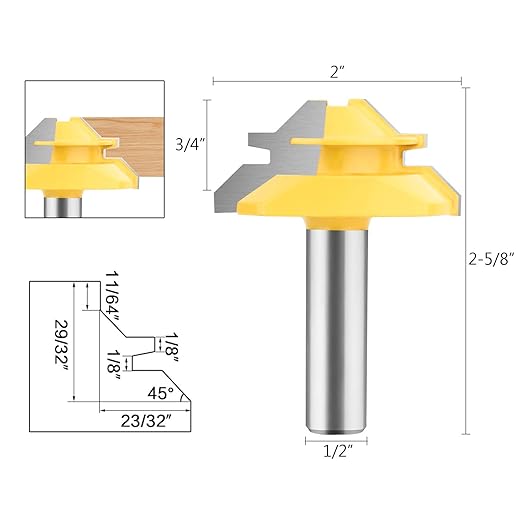 45 Degree Lock Miter Router Bit - BAIDETS 1/2 Inch Shank, 3/4 Inch Stock, 2 Inch Diameter, Carbide Wood Router Bits Woodworking Cutter Tool