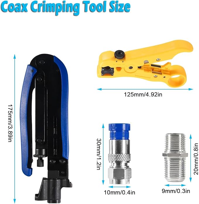 Coax Cable Crimper Tool Kit Coaxial Cable Crimping Tool Adjustable RG6 RG59 RG11 75-5 75-7 Coaxial Cable Stripper with 5PCS RG6 F Type Connector + 5PCS Coaxial Extension Adapter