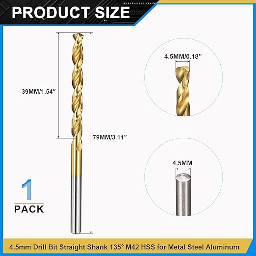 PATIKIL 4.5mm Drill Bit, M42 8% Cobalt High-Speed Steel Jobber Straight Shank 135° Titanium Nitride (TiN) Coated for Hard Metal Stainless Steel - 1 Pack