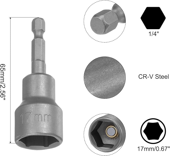 uxcell 17mm Magnetic Hex Socket 65mm/2.56", 1/4" Hex Shank Magnetic Power Nut Driver Set CR-V Quick-Release Extensions for Impact Drill Nut Setters Socket Wrench Screw, 2 Pcs