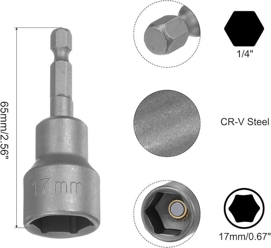 uxcell 17mm Magnetic Hex Socket 65mm/2.56", 1/4" Hex Shank Magnetic Power Nut Driver Set CR-V Quick-Release Extensions for Impact Drill Nut Setters Socket Wrench Screw, 2 Pcs