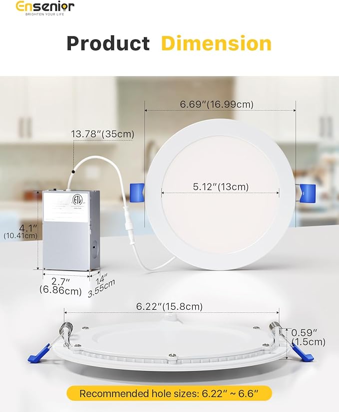Ensenior 12 Pack 6 Inch LED Recessed Ceiling Light, Dimmable, 6000K Clear White, 1050LM 12W 120V, High Brightness Canless Wafer Downlight - ETL&FCC&IC