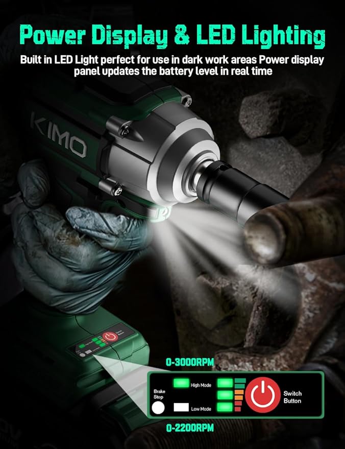 KIMO Impact Wrench 1/2 Cordless, 3000RPM, 9-Piece Drill & Driver Set, 4 Sockets, 406ft-lbs (550N.m) Impact Drill for Car Tires, Safety Lock, 2x4000mAh Battery, Variable Modes Power Smart Impact Wrench