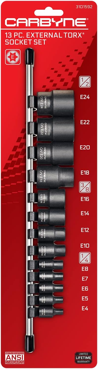 CARBYNE 13-Piece External Torx (eTorx, Female Torx) Socket Set, E4 to E24 | Chrome Vanadium Steel, 1/4, 3/8 & 1/2 inch Drive ??From a Family-Run Tool Company Based in the U.S.A.