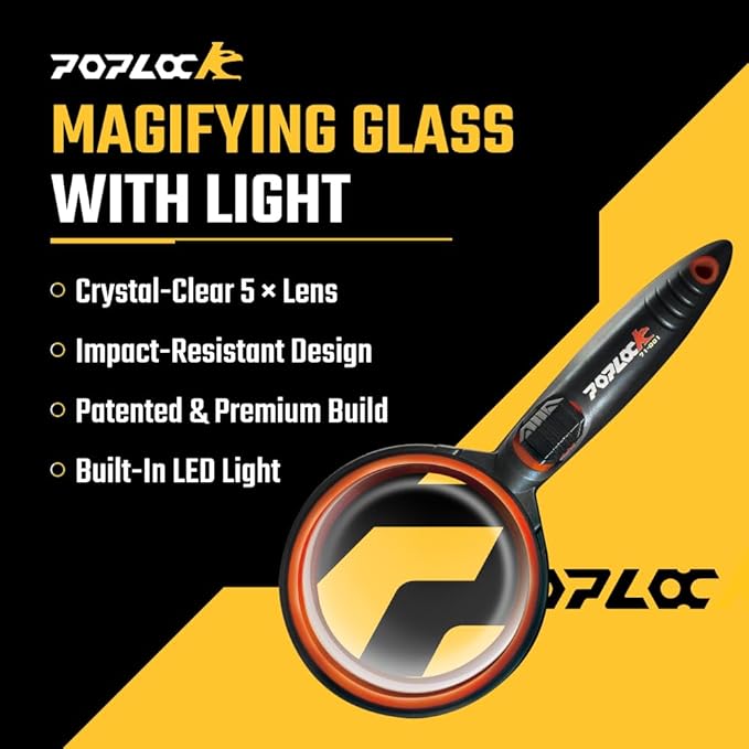 POPLOCK Magnifying Glass w Light, 5X Lens, 2-Side Concave and Convex Design for Close Work, Kids??Class, Adults, Gemstones, Handheld Lighted Tool, Orange