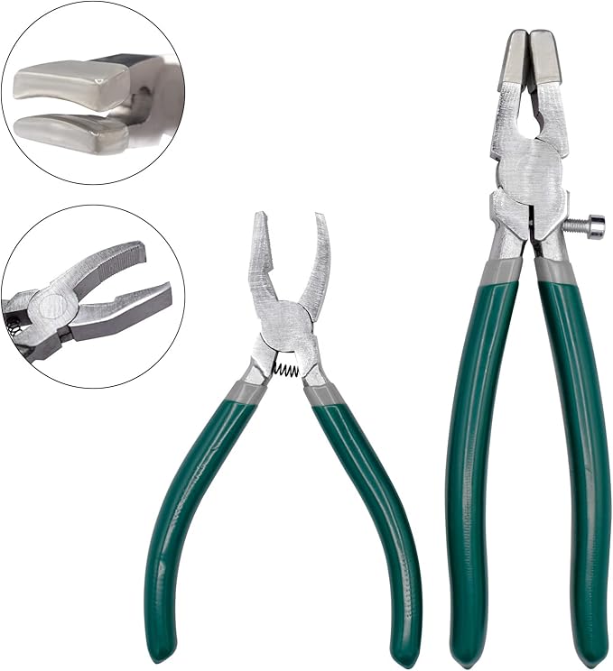 9Pcs Heavy Duty Glass Cutter Tool, Glass Cutting Kit, Glass Running Breaking Pliers, Breaker Grozer Pliers with Curved Jaws,Glass Cutters for Stained Glass, Mosaics, Fusing, Breaking