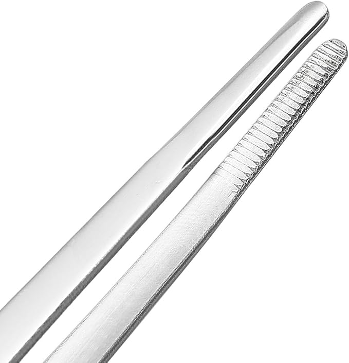 uxcell 1 Pcs 10-Inch Stainless Steel Straight Blunt Tweezers Serrated Tip Daily Garden Tool