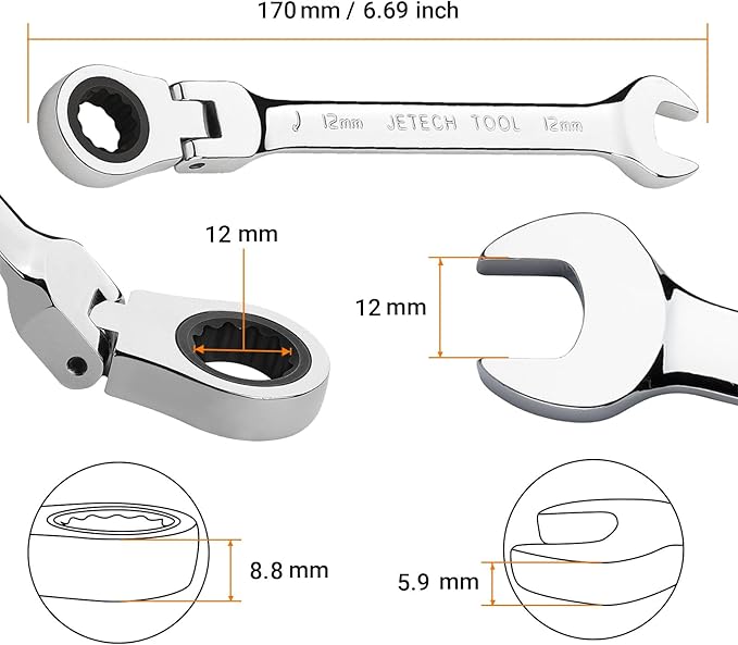 Jetech 12mm Ratchet Wrench Flex Head: Box End Wrench 12Pt| Metric Ratcheting Combination Chrome Vanadium,Forged, Extra Durability