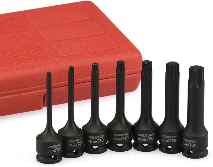NEIKO 01132B 3/8??Drive Torx Star Driver Bit Socket Set | 7 Piece | T20 to T60 | 3??Length | Cr-Mo Impact Grade