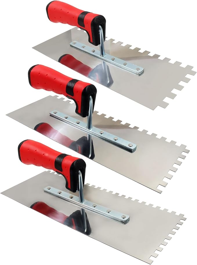 3Pcs Stainless Steel Square Notched Trowel Set with Soft Grip Handle, Tile Tools for Masonry Tile Work(6/25Inch, 5/16Inch,2/5Inch)