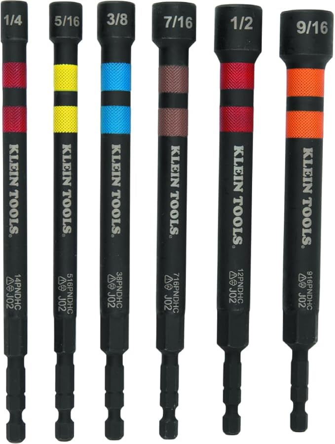 Klein Tools 32950 Ratcheting Impact Rated Hollow Power Nut Driver Set with Handle, Magnetic, Color Coded, 6 SAE Hex Sizes and Handle Included