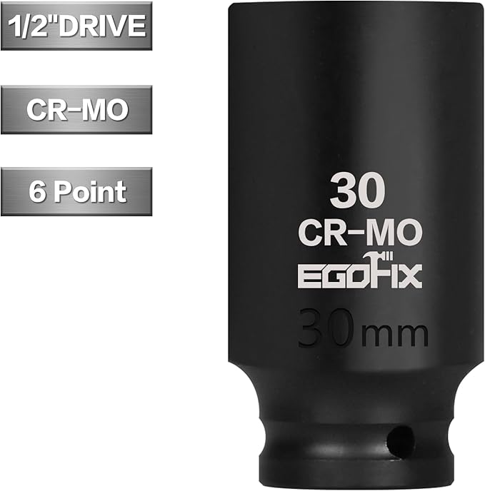 30mm Socket 1/2" Drive Deep Impact Metric Socket,CR-MO 6 Point for Easy Removal of Axle Nut