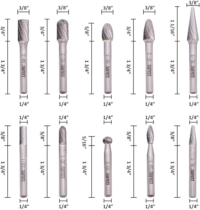 Premium-Grade Die Grinder Bits Tungsten Carbide Burr Set 1/4 Shank 10-PC Double Cut Rotary Cutting Burr Bits for Metalworking, Steel, Wood, Grinding, Carving, Engraving By LU&MN