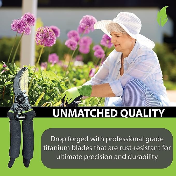 Garden Guru Soft Grip Garden Pruning Shears Scissors Clippers Hardened Titanium Blades Comfort Grips Heavy Duty Bypass Hand Pruners Branch Cutters for Gardening Trimming Bushes Flowers Plants (2 Pack)