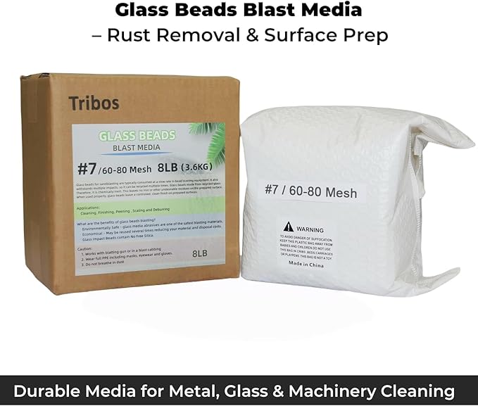 Glass Bead Media for Sandblasting ??8LB Non-Silica Reusable Blasting Abrasive for Rust Removal & Surface Finishing ??Multiple Mesh Options (# 7 (60~80Mesh))