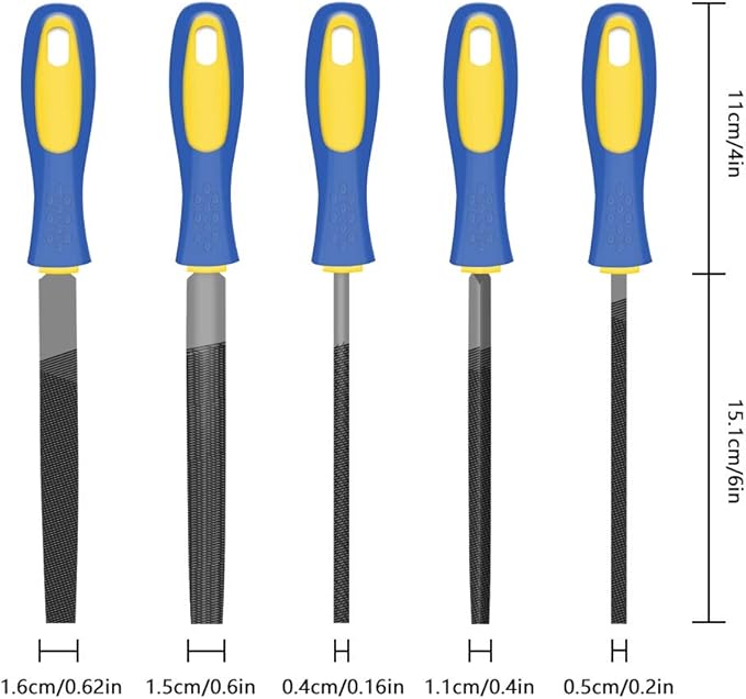 KALIM 5Pcs 6'' High Carbon Steel File, Rasp Set with Soft Rubber Non-slip Handle, Round/Half Round/Flat/Triangle/Squre, Grinding Hand Tool Set for Wood, Metal, Plastic, etc.