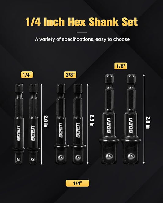 BOEN Impact Grade Socket Adapter Set, 6-PCS Drill Bit Adapter with Bit Holder, Sizes 1/4", 3/8", 1/2", 1/4-Inch SAE Hex Shank, Cr-V with Black Phosphate Finish