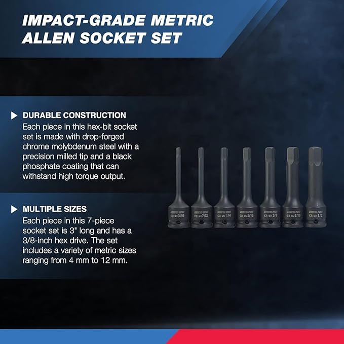 NEIKO 01130B 3/8" Drive Allen Socket Set, 7 Piece, 3 Inch, 3/8??Impact Hex Bit Socket Set, Metric Hex Driver 4 mm to 12 mm, Chrome-Moly Cr-Mo Impact Grade