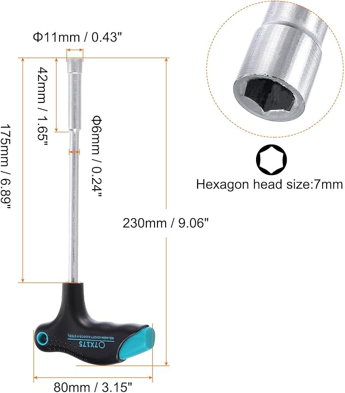 HARFINGTON T-Handle Metric Nut Driver 7mm Dia 175mm Shank 6 Point Hex Socket Screwdriver with Non-Slip Handle for Tightening and Loosening Fasteners