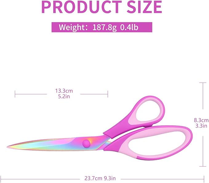 Multifunctional Scissors, 9.3 Inch Colorful Titanium Stainless Steel Blades, Soft Grips, For Home, School, Office, Sewing, Fabrics, Craft Supplies, Left or Right Handed, 2-Piece Set