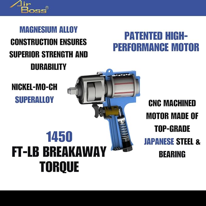 Airboss AW-140P 1/2" High-Performance Lightweight Air Impact Wrench ??1450 ft-lb Breakaway Torque Twin Hammer Design for Heavy-Duty Automotive and Industrial Applications