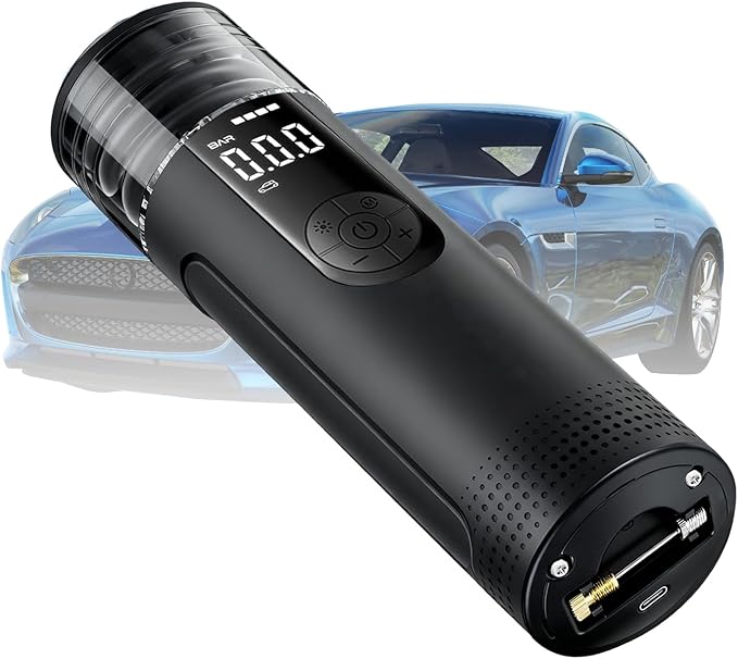 V8 Tire Inflator, Portable Air Compressor - Cordless Mini Car Pump, 150 PSI High Pressure.Built-in Nozzle & Hose Storage Design (No Need Carry Bag) Extreme Convenience LED Lights, Motor, Bikes