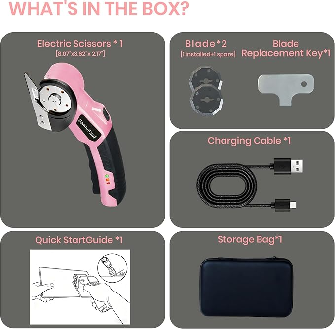 Cordless Electric Scissors, 4V Rechargeable Cardboard Box Cutter with Storage Box,2 Blades,USB Charging Cable, Powerful Rotary Cutters for Carton Plastic Fabric Leather Carpet(Pink)