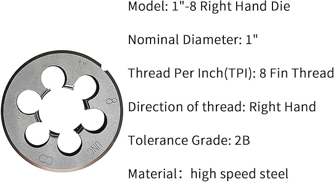 Lzcdelyxiao 1"-8 Die UNC 1"-8 TPI Right Hand Nominal Diameter 1" Thread Per Inch 8 Fin Thread Tolerance Grade 2B Right Hand Thread High Speed Steel HSS