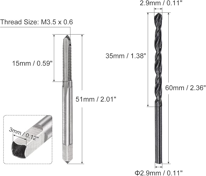 uxcell 2pcs M3.5 x 0.6 Tap & 2.9mm Drill Bit Set, Black Oxide, Spiral Flute, High Speed Steel, Tap and Drill Bit Set, Tool Set