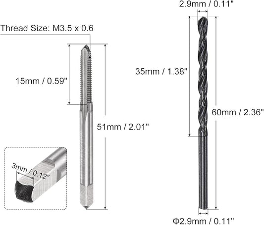 uxcell 2pcs M3.5 x 0.6 Tap & 2.9mm Drill Bit Set, Black Oxide, Spiral Flute, High Speed Steel, Tap and Drill Bit Set, Tool Set