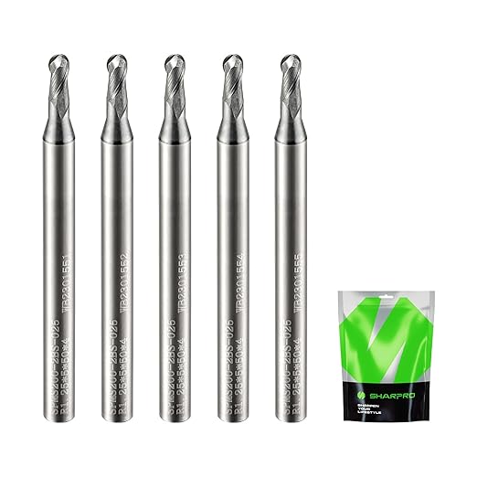 Carbide Ball Nose End Mills Set 2 Flute 4mm SHK. 2.5mm Cutting Dia. 3D Carving, High-Speed and Deep Cutting, AlCrN Coated, Apply for Alloy Steel, Stainless Steel and Various Cast Iron. (5PCS)
