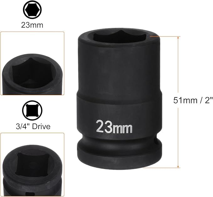 HARFINGTON 6-Point Impact Socket 3/4" Drive 23mm Metric 40Cr Alloy Steel Spindle Axle Nut Impact Socket