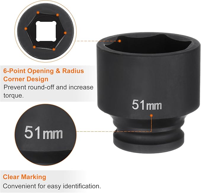 HARFINGTON 6-Point Impact Socket 3/4" Drive 51mm Metric 40Cr Alloy Steel Spindle Axle Nut Impact Socket