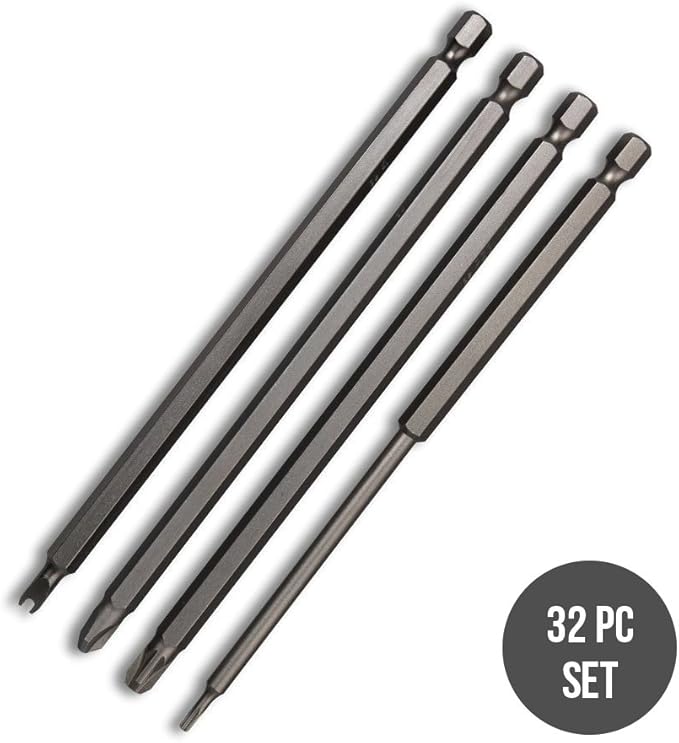 NEIKO 10224A 1/4" Extra Long Security Bit Set, 32 Piece Screwdriver For Drill, S2 Steel 6” Long Torx ,Tamper Proof , Torx, PoziDriv, Spanner, Tri-Wing, Security Power Bit