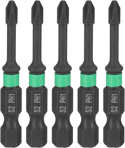 HARFINGTON 5pcs #1 Impact Phillips Screwdriver Bit PH1 1/4" Hex Shank 2" (50mm) Length 0.12" Rod Magnetic Cross Head Drill Bits S2 Steel Industrial Screw Drivers for Impact Power Tools