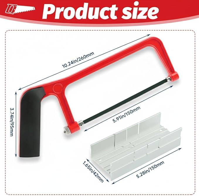 6 Inch Mini Hacksaw and Mitre Block Set, Adjustable Miter Box and Saw Set with 2 Spare Blades, Aluminum Cutting Saw Hack Saws for Woodworking, Hacksaw, Metal Cutting (Red)
