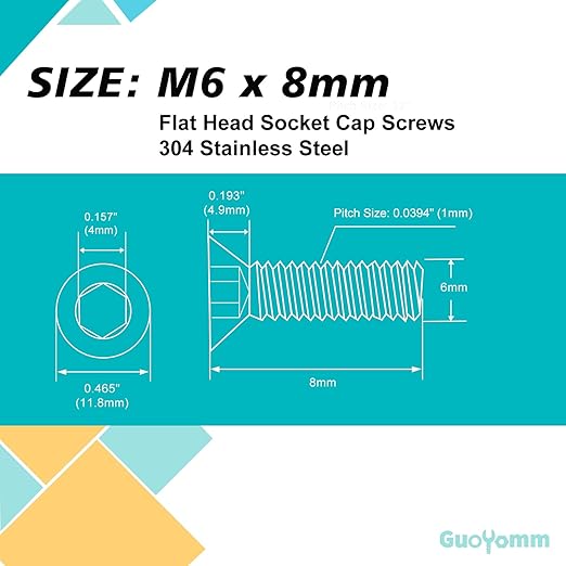 M6-1.0 x 8mm 40PCS Flat Head Hex Socket Cap Screws, Countersunk Bolts, Stainless Steel 304, Metric Allen Drive, Fully Threaded, Bright Finish