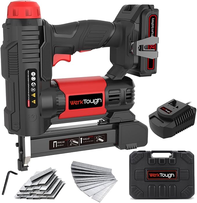 20v Cordless Staple Gun Brad Nailer 2 in 1 Aluminum Metal magzine 1 Hour Fast Charger 2000mA Lithium Battery 2000pcs Free Staples(90 4/5??000+18GA 1?쓝1000) in Tool Case