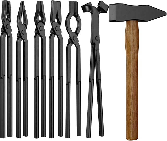Blacksmith Tongs Set,7PCS Blacksmith Forge Kit for Beginner and Seasoned Blacksmiths, Craftsmen and Bladesmiths