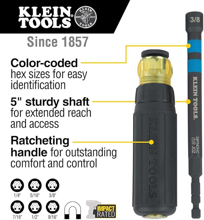Klein Tools 32950 Ratcheting Impact Rated Hollow Power Nut Driver Set with Handle, Magnetic, Color Coded, 6 SAE Hex Sizes and Handle Included