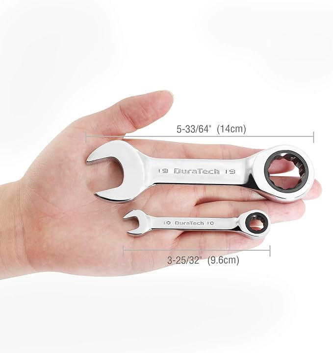 DURATECH Stubby Ratcheting Combination Wrench Set, Metric, 8-piece, 10, 11, 13, 14, 16, 17, 18, 19mm, CR-V Steel, with Pouch