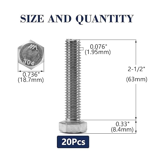 1/2-13 x 2-1/2" Hex Head Screw Bolt, 20Pcs 18-8 (304) Stainless Steel, Fully Threaded, Plain Finish, by SG TZH