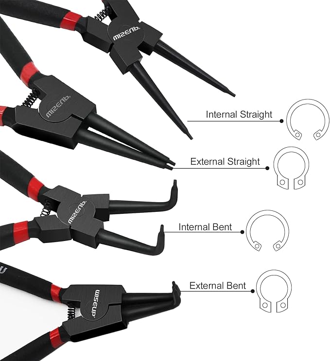 WISEUP Snap Ring Pliers Set With 225pcs Retaining Ring Set, 4PCS-7 inch Circlip Pliers Kit,Straight/Bent Jaw Pliers Tips C-Clip Pliers for Ring Remover with Storage Pouch