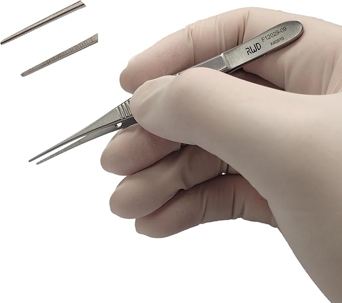 RWD Dressing Forceps 3.7", Martensitic Stainless Steel Medical Tweezers, 0.8mm Width Serrated Straight Tip, Micro Forceps Tweezer, Surgical Tweezer for High-Precision Handling (F12029-09)