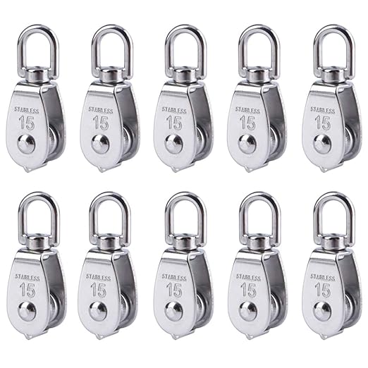 Rocaris 10 Pcs Stainless Steel Wire Rope Crane Pulley Block M15 Lifting Crane Swivel Hook Single Pulley Block Hanging Wire Towing Wheel